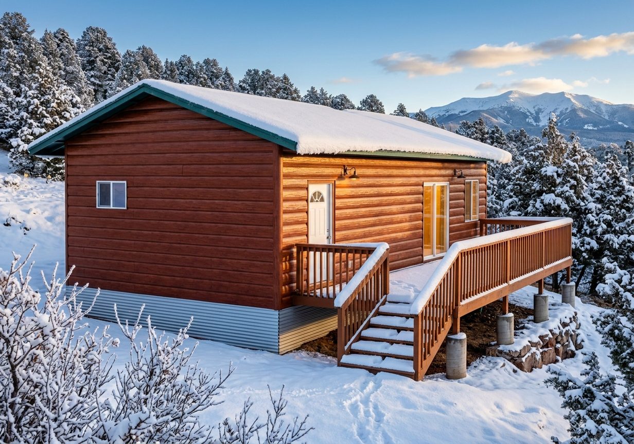 Modular cabin in a snowy mountain setting