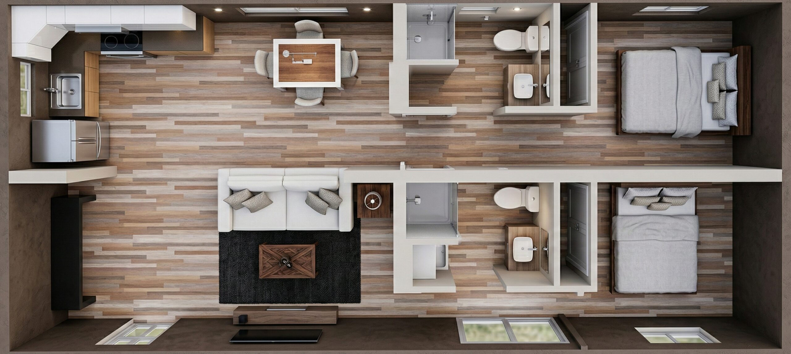 Overhead view of a finished modular home layout